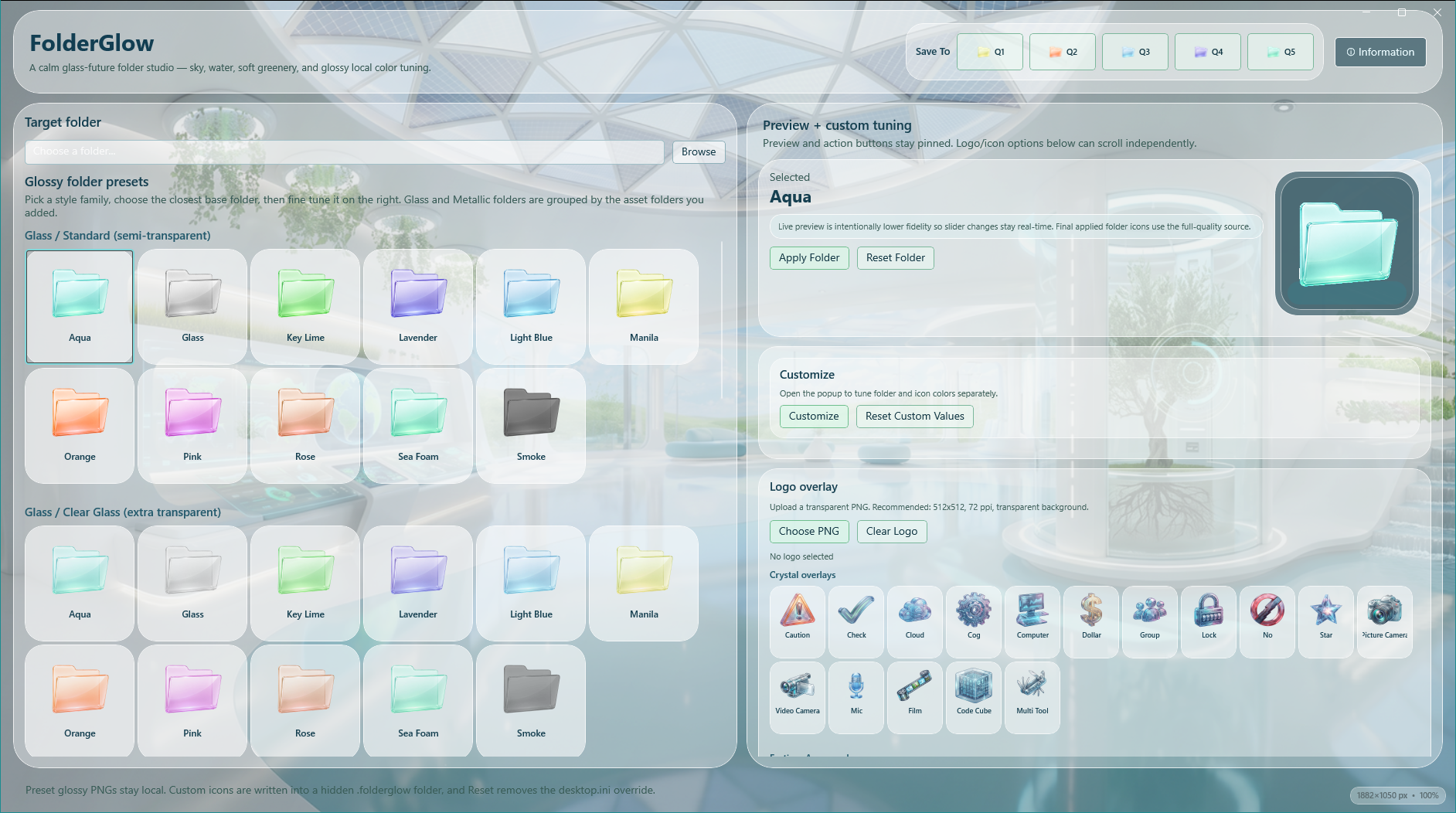 FolderGlow application screenshot showing presets, preview, quick slots, customization, and icon overlays